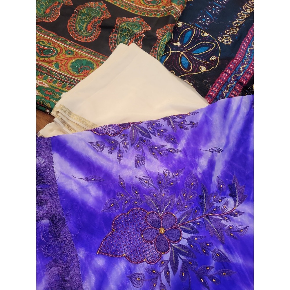 Indian Saree Vintage Printed Embroidery Lot Sari Fabric 4 Pcs